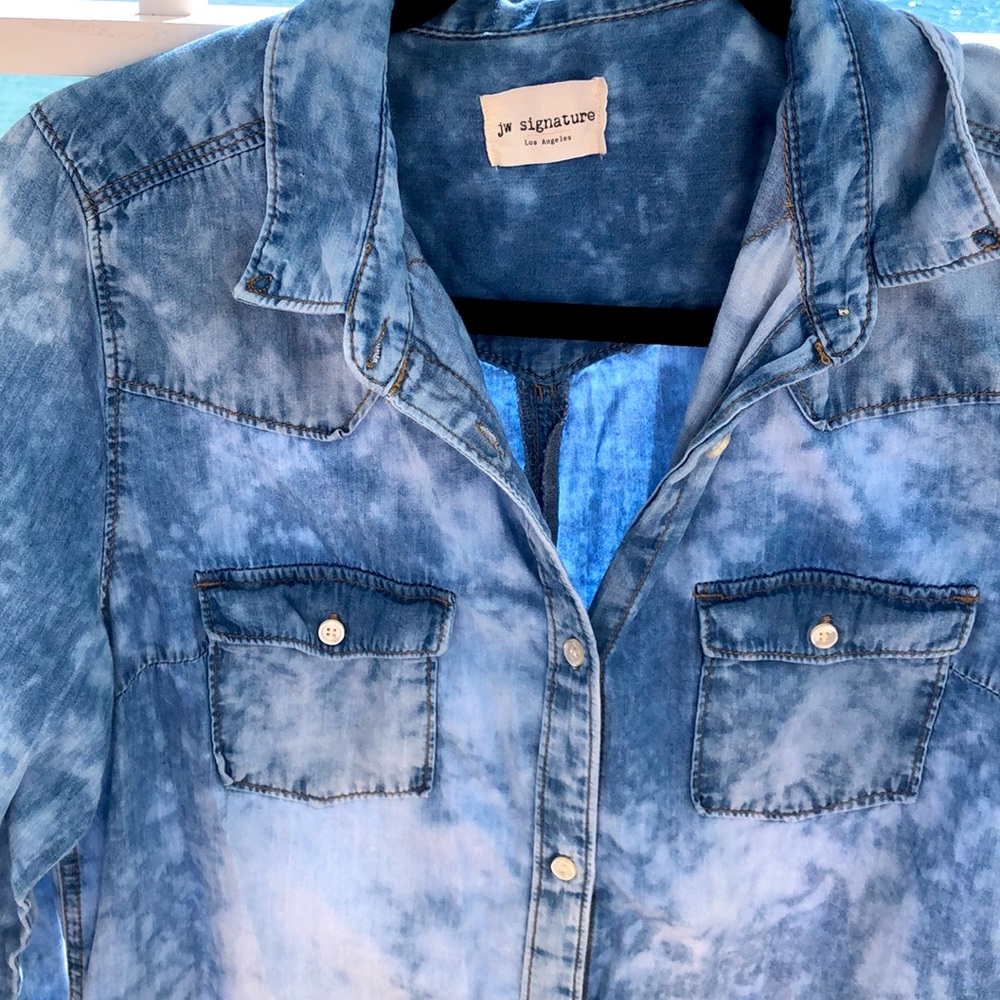 JW Signature western Denim like blue splattered Button Down Dress size L - Picture 2 of 7